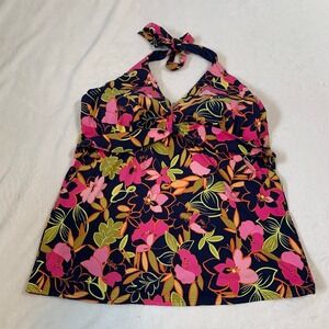 Lands' End bold dark spring floral halter neck tankini swimsuit top